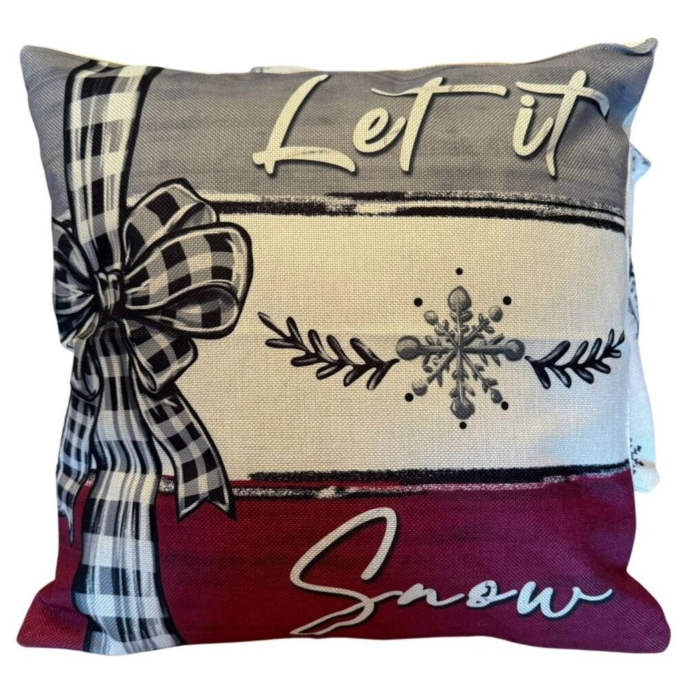 Winter - Let It Snow - Pillow Cover Decor Plaid Bow Snowflake Throw Pillow Cover